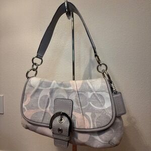 Coach Soho Signature Flap Shoulder Bag Grey Pink Jacquard F19238